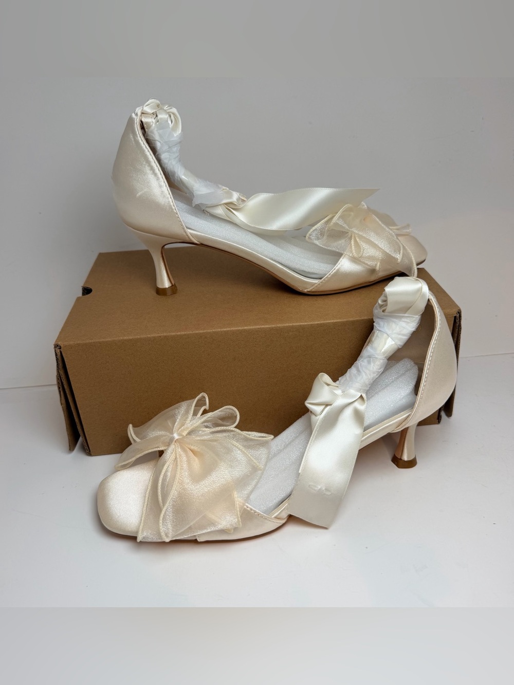 Ivory Satin Bow-Tie Kitten Heels for Women
